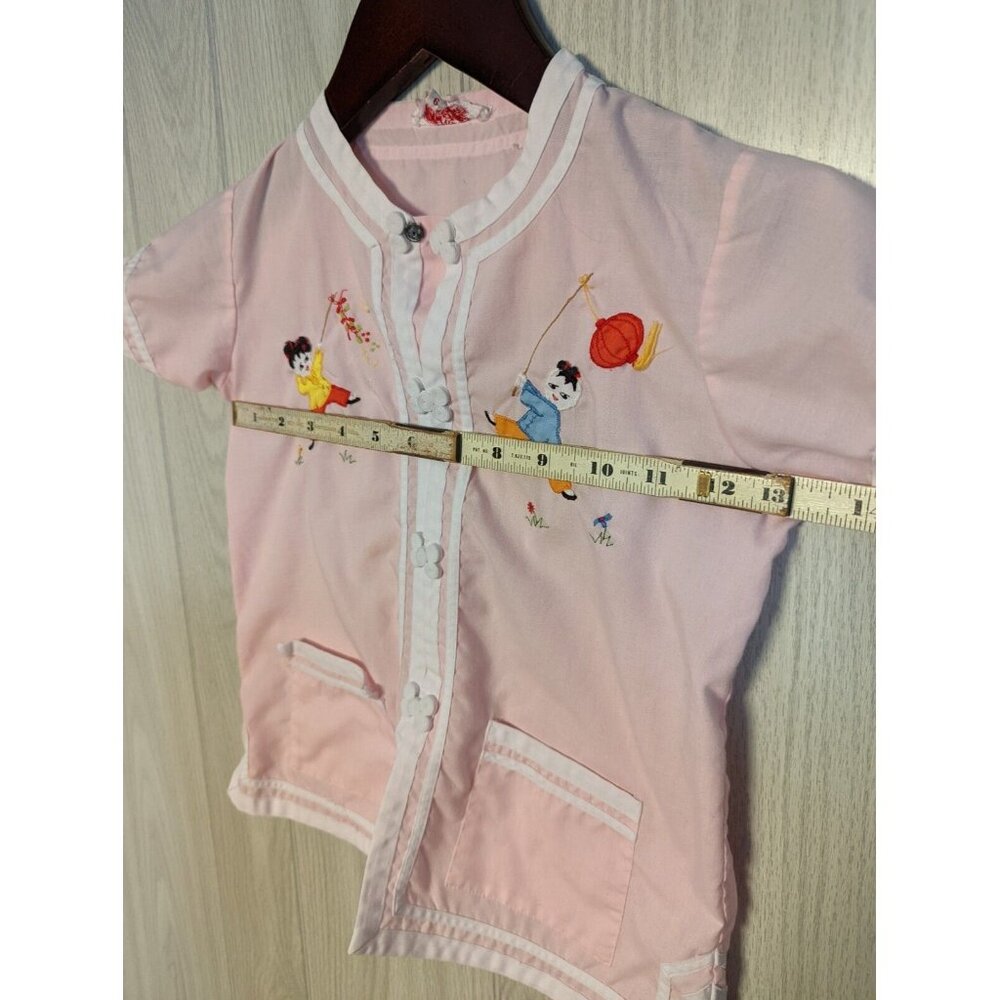 Vintage Chinese Kimono Plum Blossoms Kids Clothing Size 6 Pink Pajama Shirt Top - Picture 8 of 9